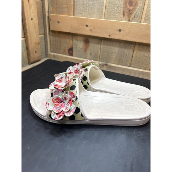 Womens Crocs Floral Slide Sandals Size 11 White with Flowers Iconic Comfort - Picture 6 of 9